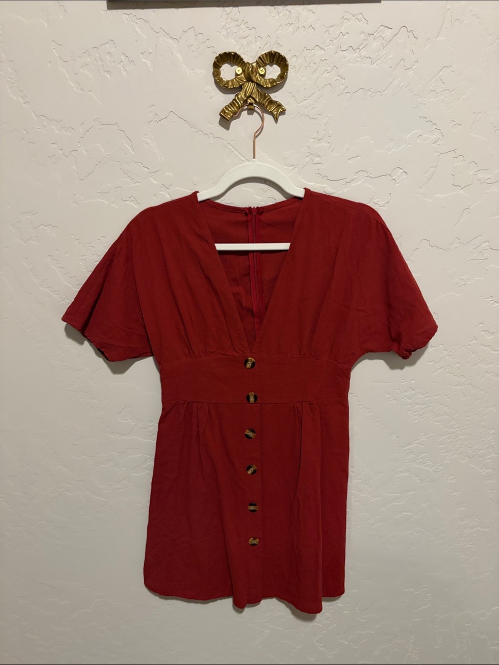 Women's Red Button-Front V-Neck Dress